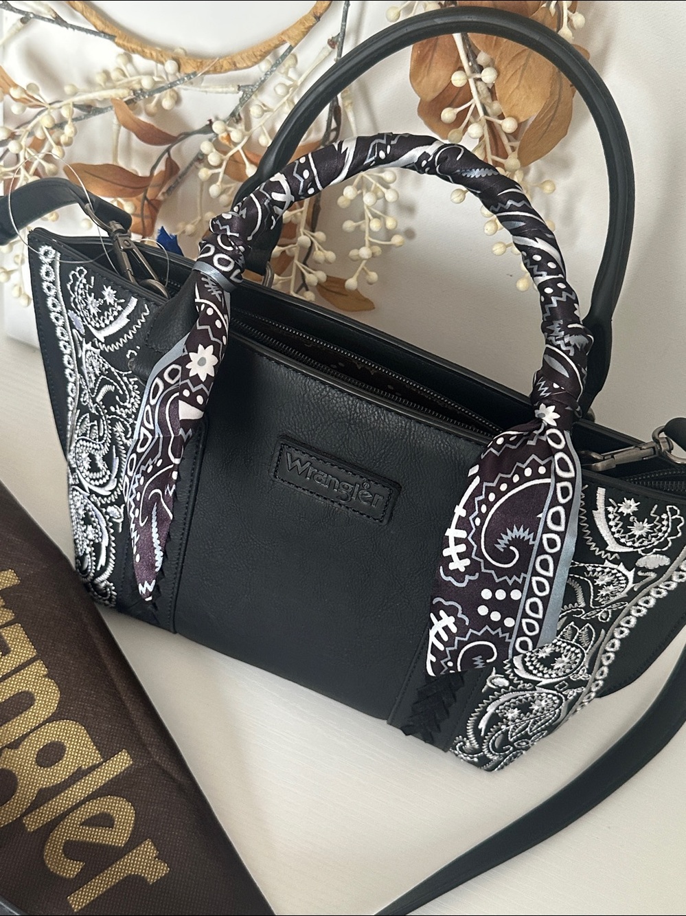 New with tags Wrangler Black Satchel Purse with Bandana Accents